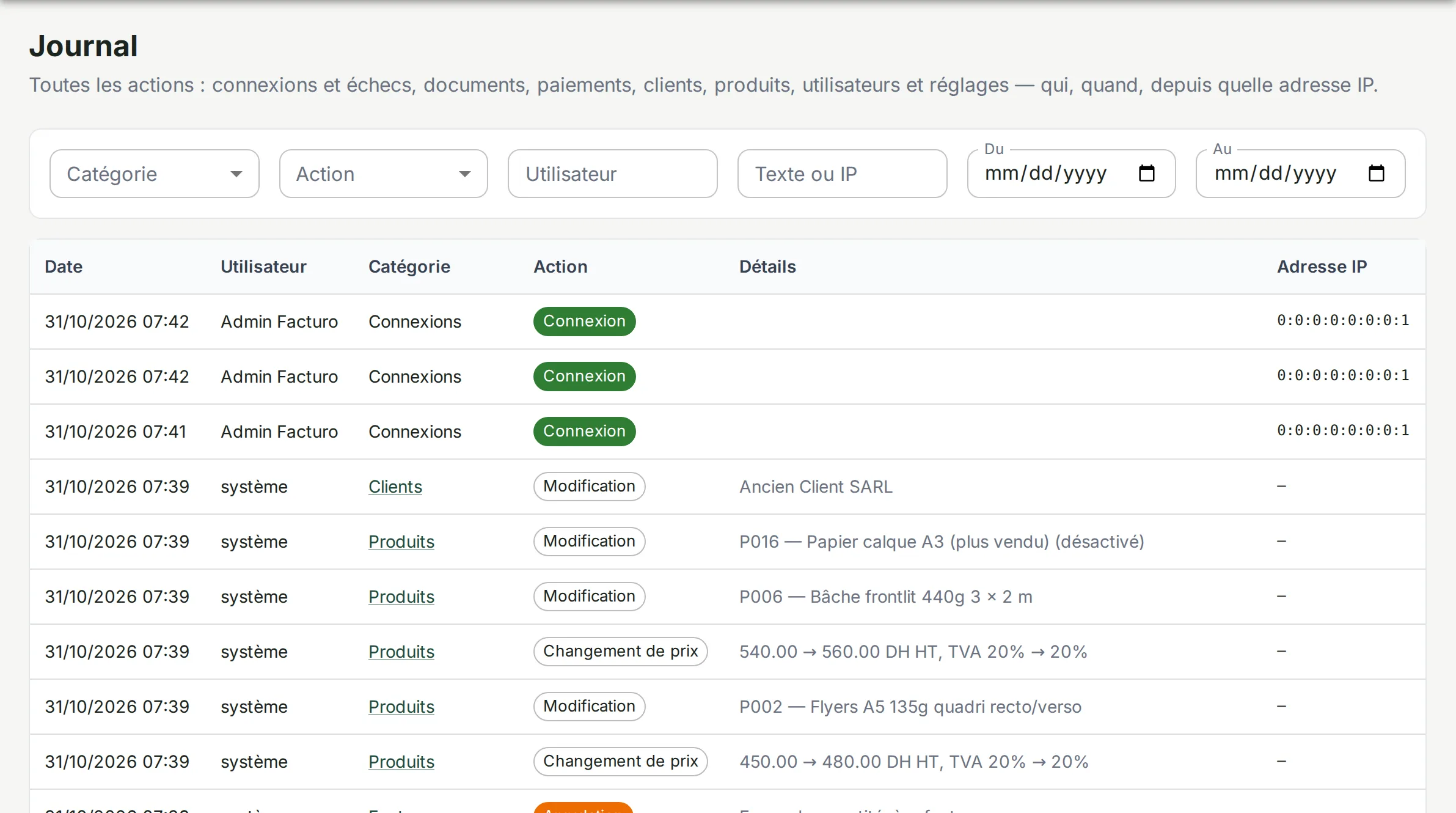 Journal des actions : date, utilisateur, catégorie, action, détails et adresse IP.