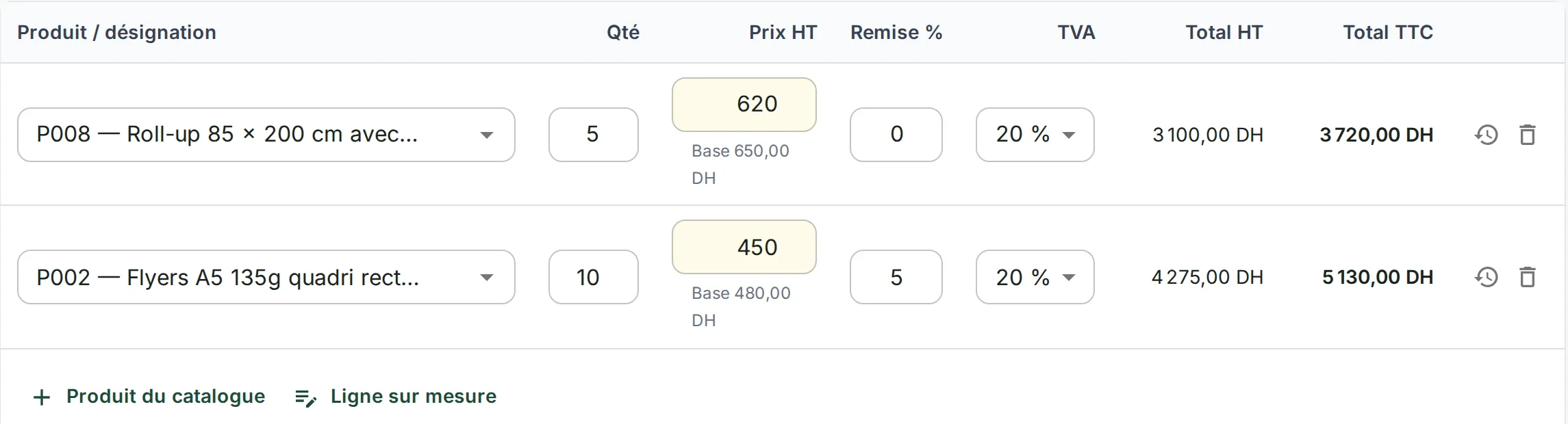 Deux lignes de BL : prix HT modifié à 620 et 450, prix de base 650 et 480 affichés en dessous, remise 5 %, TVA 20 %.