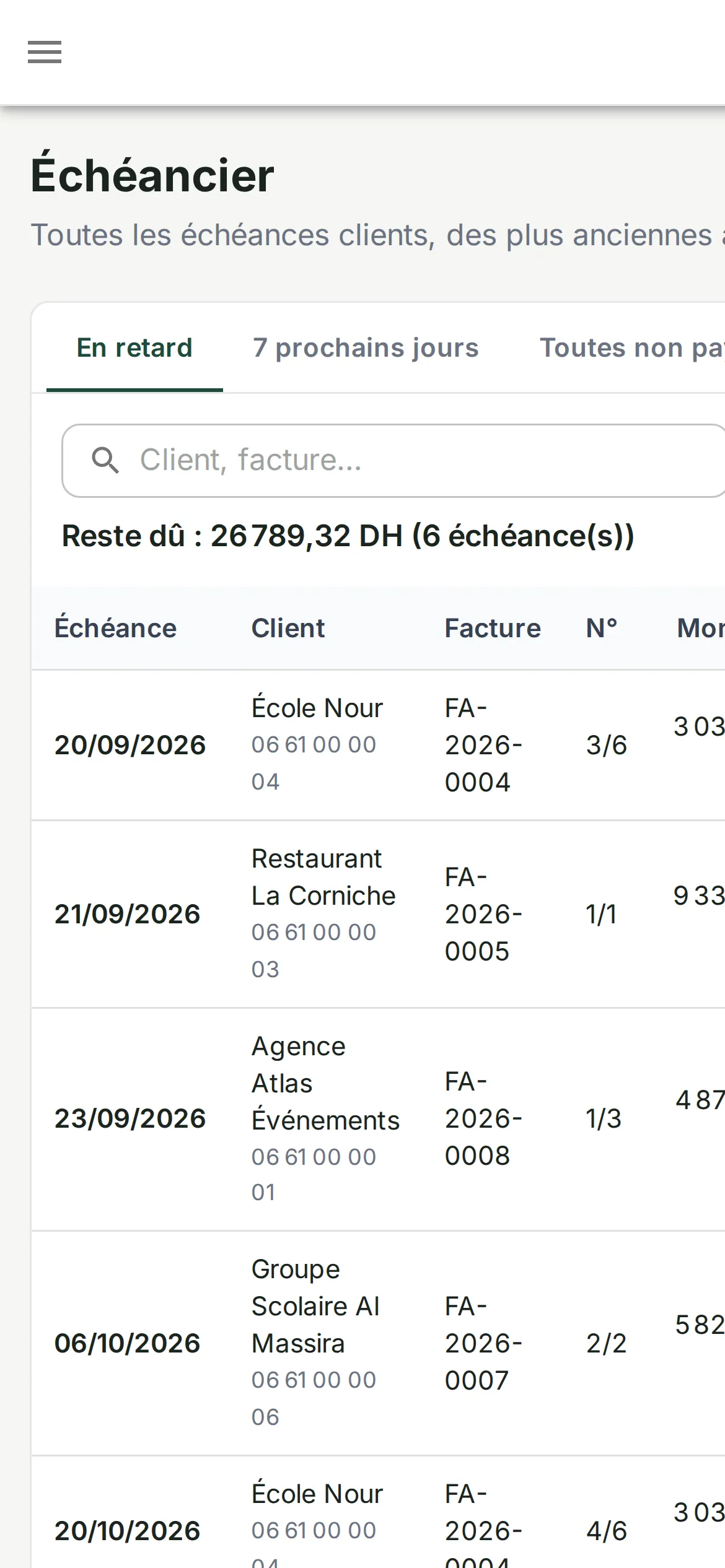 L’échéancier affiché sur un téléphone.