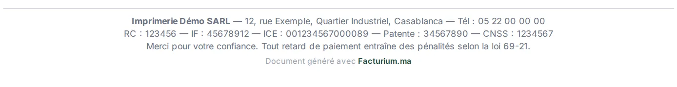 Pied de page : RC, IF, ICE, Patente, CNSS et mention Document généré avec Facturium.ma.