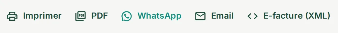 Boutons de la fiche facture : Imprimer, PDF, WhatsApp, Email et E-facture (XML).